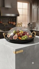 Round Crystal Dome Platter with Gold Bow - Black Tray - Image 3