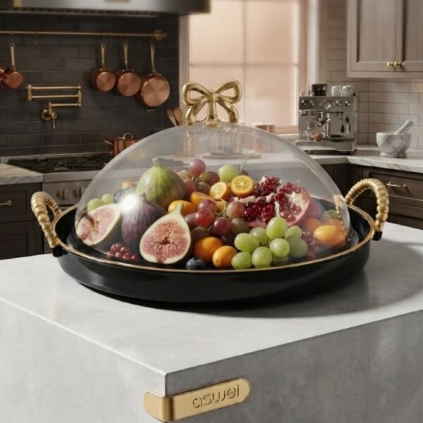 Round Crystal Dome Platter with Gold Bow - Black Tray