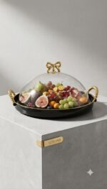 Round Crystal Dome Platter with Gold Bow - Black Tray - Image 4