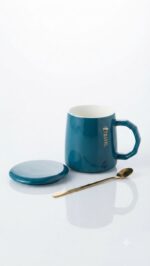 Glossy Ceramic Coffee Mug with Lid & Gold Spoon - Image 7