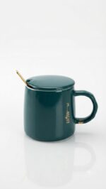 Glossy Ceramic Coffee Mug with Lid & Gold Spoon - Image 5