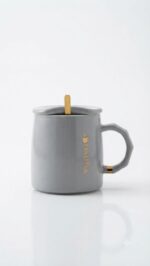 Glossy Ceramic Coffee Mug with Lid & Gold Spoon - Image 4