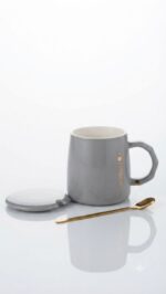 Glossy Ceramic Coffee Mug with Lid & Gold Spoon - Image 3
