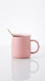 Glossy Ceramic Coffee Mug with Lid & Gold Spoon - Image 6