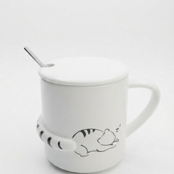 Cute Sleeping Cat Ceramic Mug with Lid & Spoon
