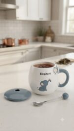 Cute Elephant Ceramic Coffee Mug with Lid & Ball Spoon - Image 2