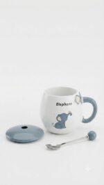 Cute Elephant Ceramic Coffee Mug with Lid & Ball Spoon - Image 3