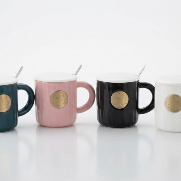 Gold Coin Bunny Ceramic Mug Set with Lid & Spoon