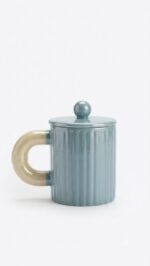 Ribbed Ceramic Mug with Lid & Pearl Spoon - Single Piece - Image 4