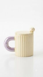 Ribbed Ceramic Mug with Lid & Pearl Spoon - Single Piece