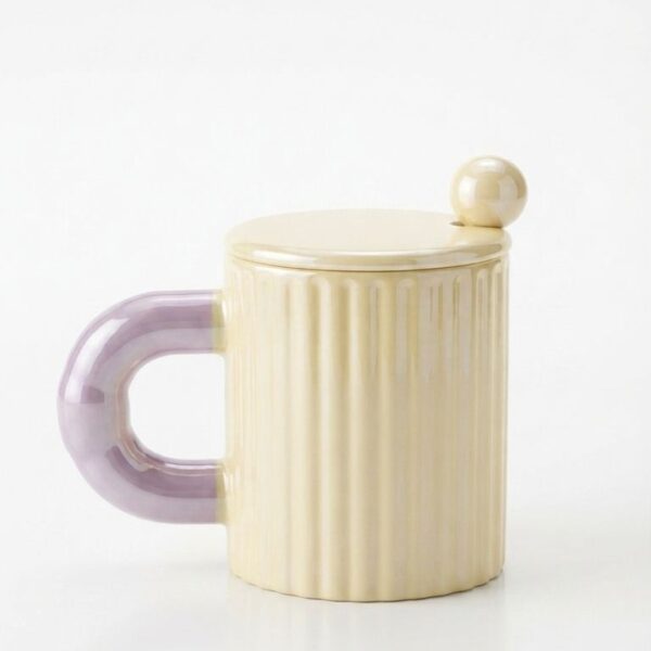 Ribbed Ceramic Mug with Lid & Pearl Spoon - Single Piece