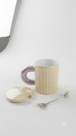 Ribbed Ceramic Mug with Lid & Pearl Spoon - Single Piece - Image 2