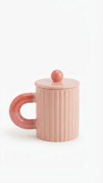 Ribbed Ceramic Mug with Lid & Pearl Spoon - Single Piece - Image 3