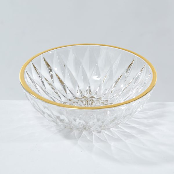 Crystal Glass Serving Bowl with Golden Rim - Diamond Cut