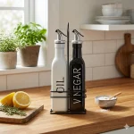 2 Pcs Oil & Vinegar Dispenser Set with Stand - Black & White - Image 2