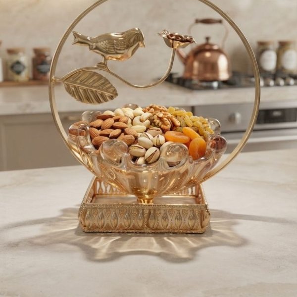 Luxury Golden Bird Dry Fruit Bowl with Glass Tray