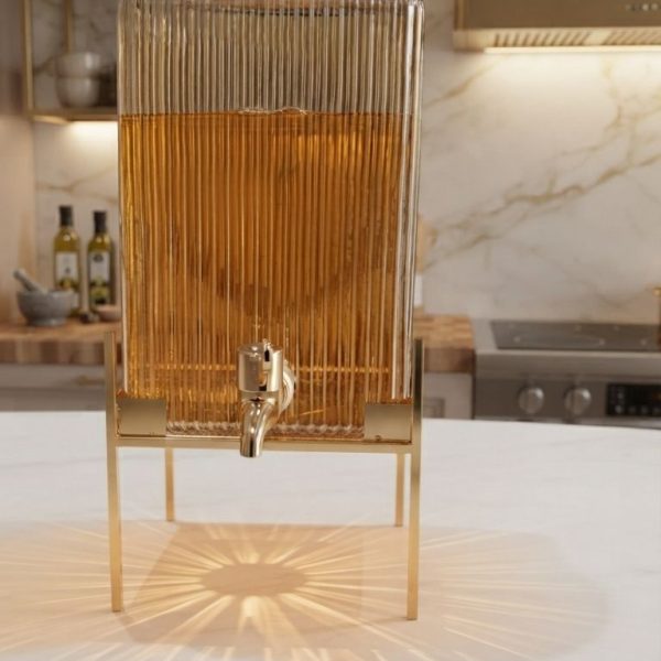 Luxury Ribbed Glass Dispenser with Golden Frame Stand (4L)