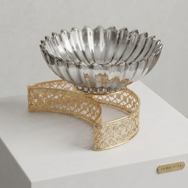 Luxury Lotus Glass Bowl with Golden Crescent Stand