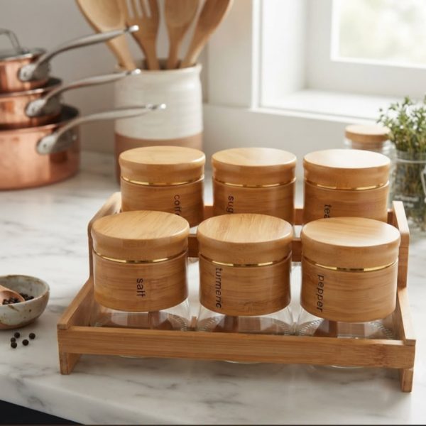 6-Pcs Glass Spice Jar Set with 2-Tier Bamboo Stand