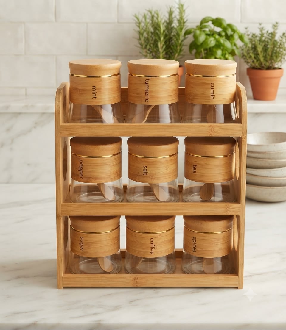 WhatsApp Image 2026-09-15 at 3.36.32 PM (1) 9-Pcs Glass Spice Jar Set with 3-Tier Bamboo Stand - Image 1