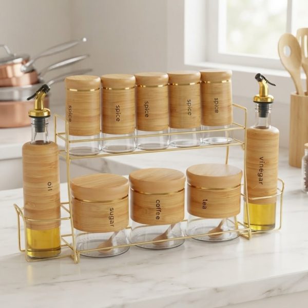 10-Pcs Luxury Bamboo Spice Jar Set with Oil & Vinegar Dispensers + Gold Metal Stand