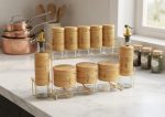 10-Pcs Luxury Bamboo Spice Jar Set with Oil & Vinegar Dispensers + Gold Metal Stand - Image 3