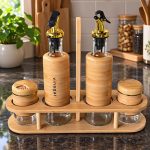 4-Pcs Bamboo Oil & Vinegar Set with Salt & Pepper Shakers + Wooden Stand - Image 4