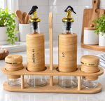 4-Pcs Bamboo Oil & Vinegar Set with Salt & Pepper Shakers + Wooden Stand - Image 3