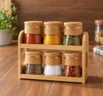 6-Pcs Glass Spice Jar Set with 2-Tier Bamboo Stand - Image 2