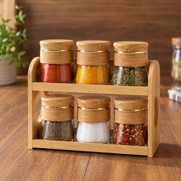 6-Pcs Glass Spice Jar Set with 2-Tier Bamboo Stand