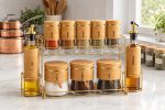10-Pcs Luxury Bamboo Spice Jar Set with Oil & Vinegar Dispensers + Gold Metal Stand - Image 2