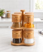 6-Pcs Rotating Glass Spice Jar Set with 2-Tier Spinning Stand