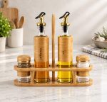 4-Pcs Bamboo Oil & Vinegar Set with Salt & Pepper Shakers + Wooden Stand - Image 2