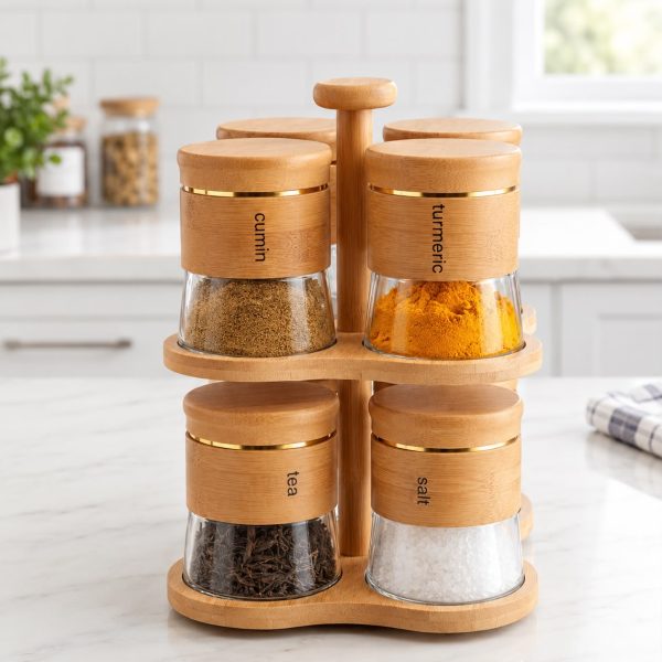 6-Pcs Rotating Glass Spice Jar Set with 2-Tier Spinning Stand