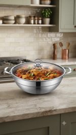 Stainless Steel Kadai / Wok with Glass Lid (30CM) - Image 2