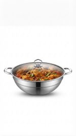 Stainless Steel Kadai / Wok with Glass Lid (30CM) - Image 3