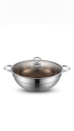 Stainless Steel Kadai / Wok with Glass Lid (30CM) - Image 5