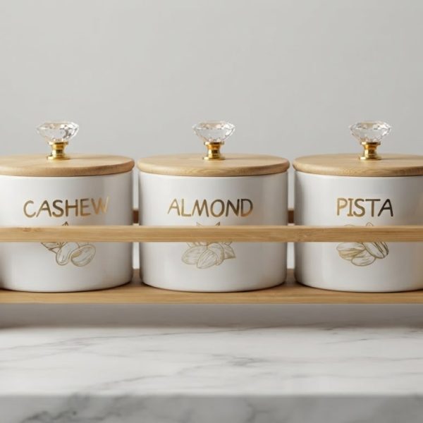 3 Pcs Dry Fruit Jar Set with Wooden Stand - Glass