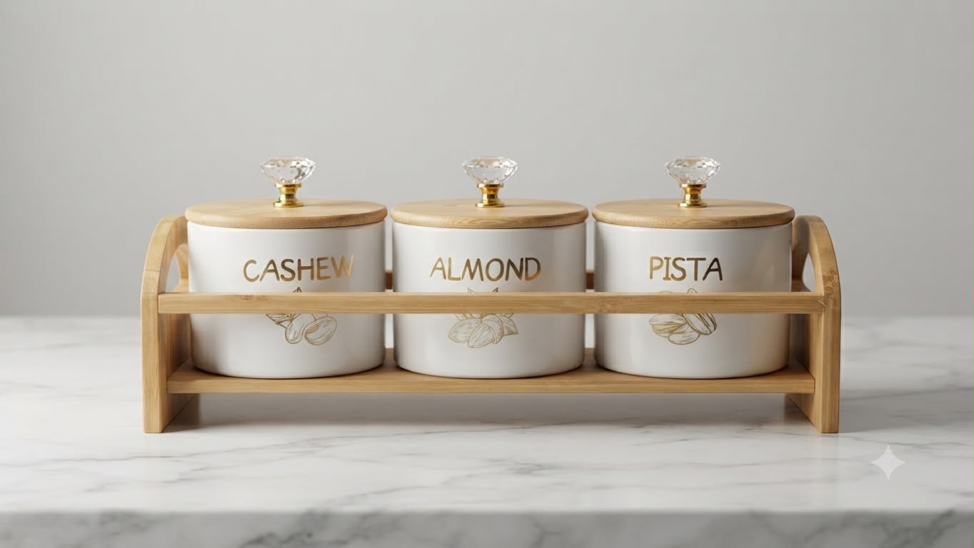 WhatsApp Image 2026-09-27 at 12.03.35 PM 3 Pcs Dry Fruit Jar Set with Wooden Stand - Glass - Image 1
