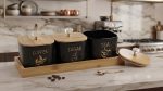 3 Pc Square Tea Coffee Sugar Jar Set with Wooden Tray - Glass - Image 3