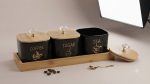 3 Pc Square Tea Coffee Sugar Jar Set with Wooden Tray - Glass