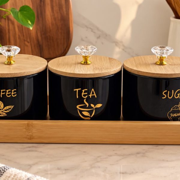 3 Pcs Round Tea Coffee Sugar Jar Set with Wooden Tray - Black