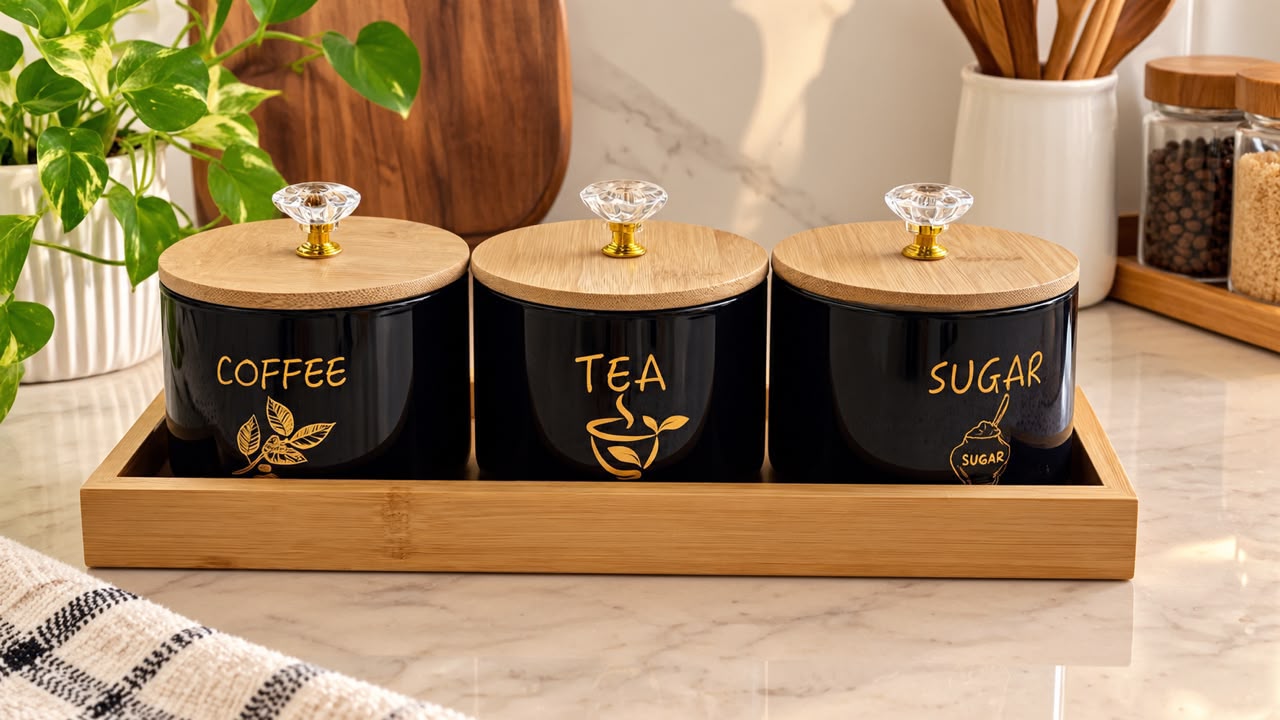 WhatsApp Image 2026-09-27 at 12.43.07 PM (1) 3 Pcs Round Tea Coffee Sugar Jar Set with Wooden Tray - Black - Image 1
