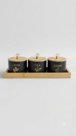 3 Pcs Round Tea Coffee Sugar Jar Set with Wooden Tray - Black - Image 4