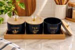 3 Pcs Round Tea Coffee Sugar Jar Set with Wooden Tray - Black - Image 2