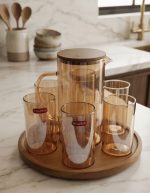 WELLDECO Amber Glass Jug Set - 7 Pcs with Wooden Tray - Image 3