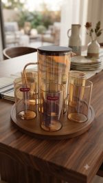 WELLDECO Amber Glass Jug Set - 7 Pcs with Wooden Tray