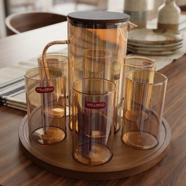 WELLDECO Amber Glass Jug Set - 7 Pcs with Wooden Tray