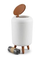 Household Trash Can with Lid, White Plastic, Wooden Style Legs - Image 6