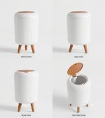 Household Trash Can with Lid, White Plastic, Wooden Style Legs - Image 5
